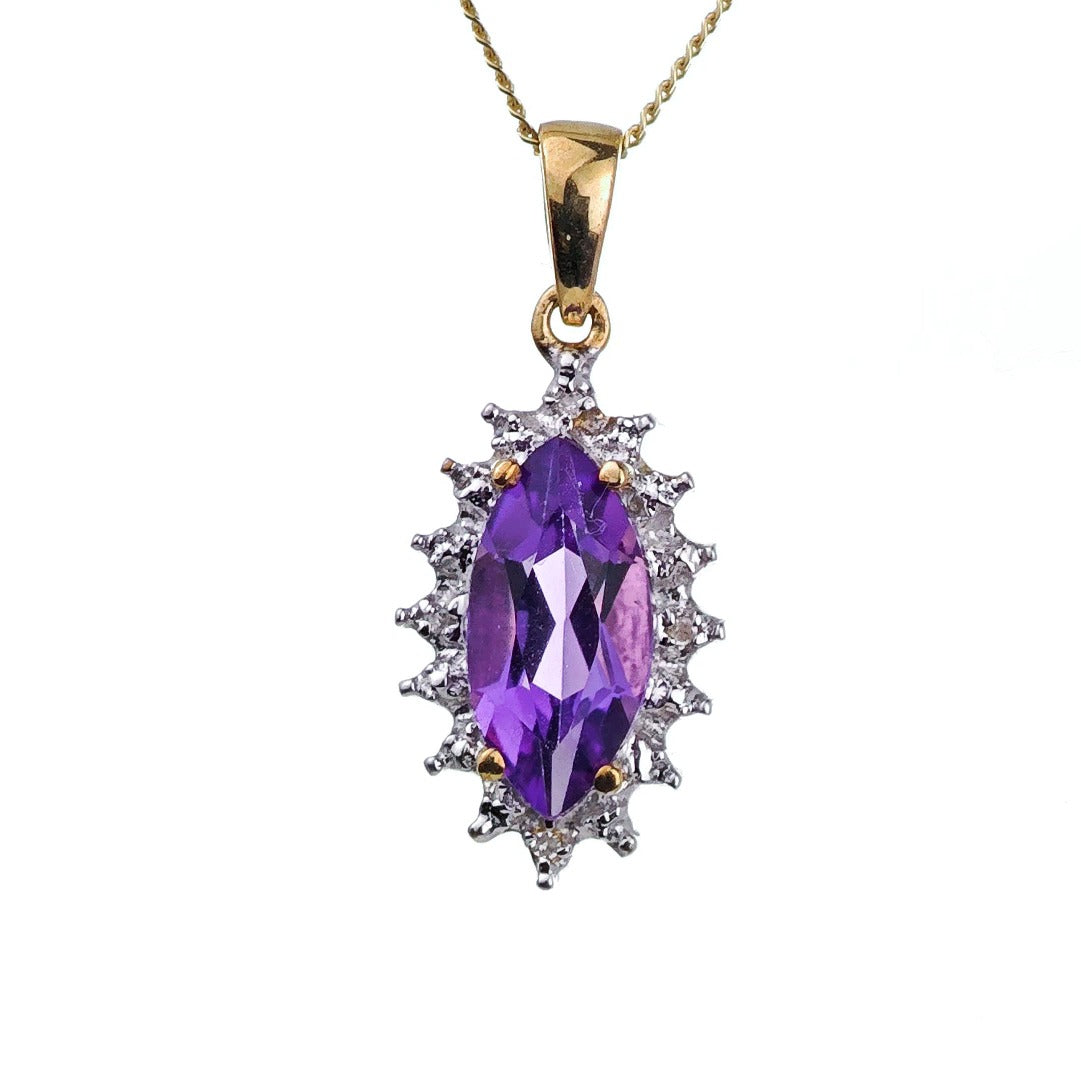 9ct Amethyst Necklace Yellow Gold 1.4ct Purple Marquise Natural Gemstone