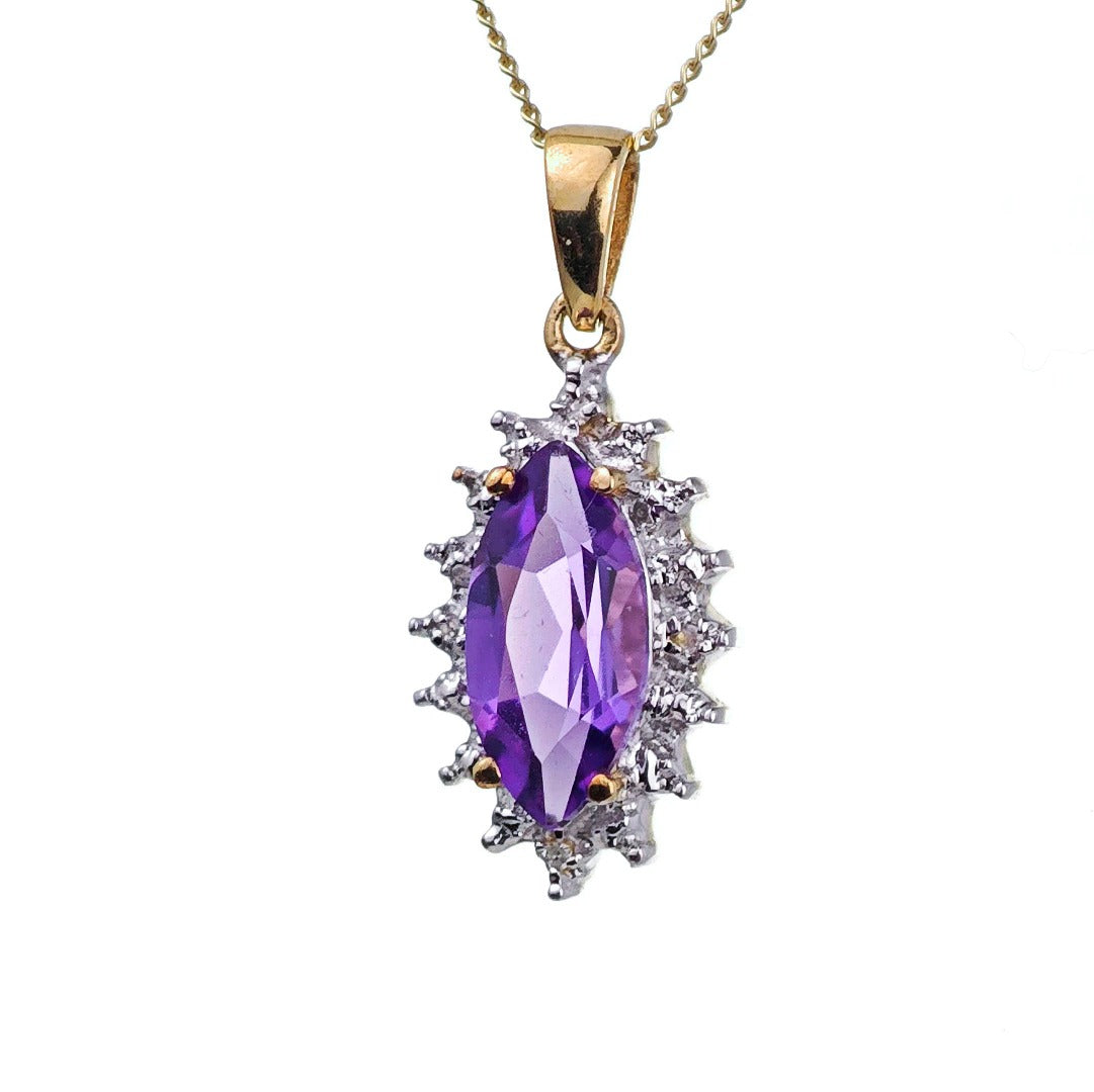 9ct Amethyst Necklace Yellow Gold 1.4ct Purple Marquise Natural Gemstone