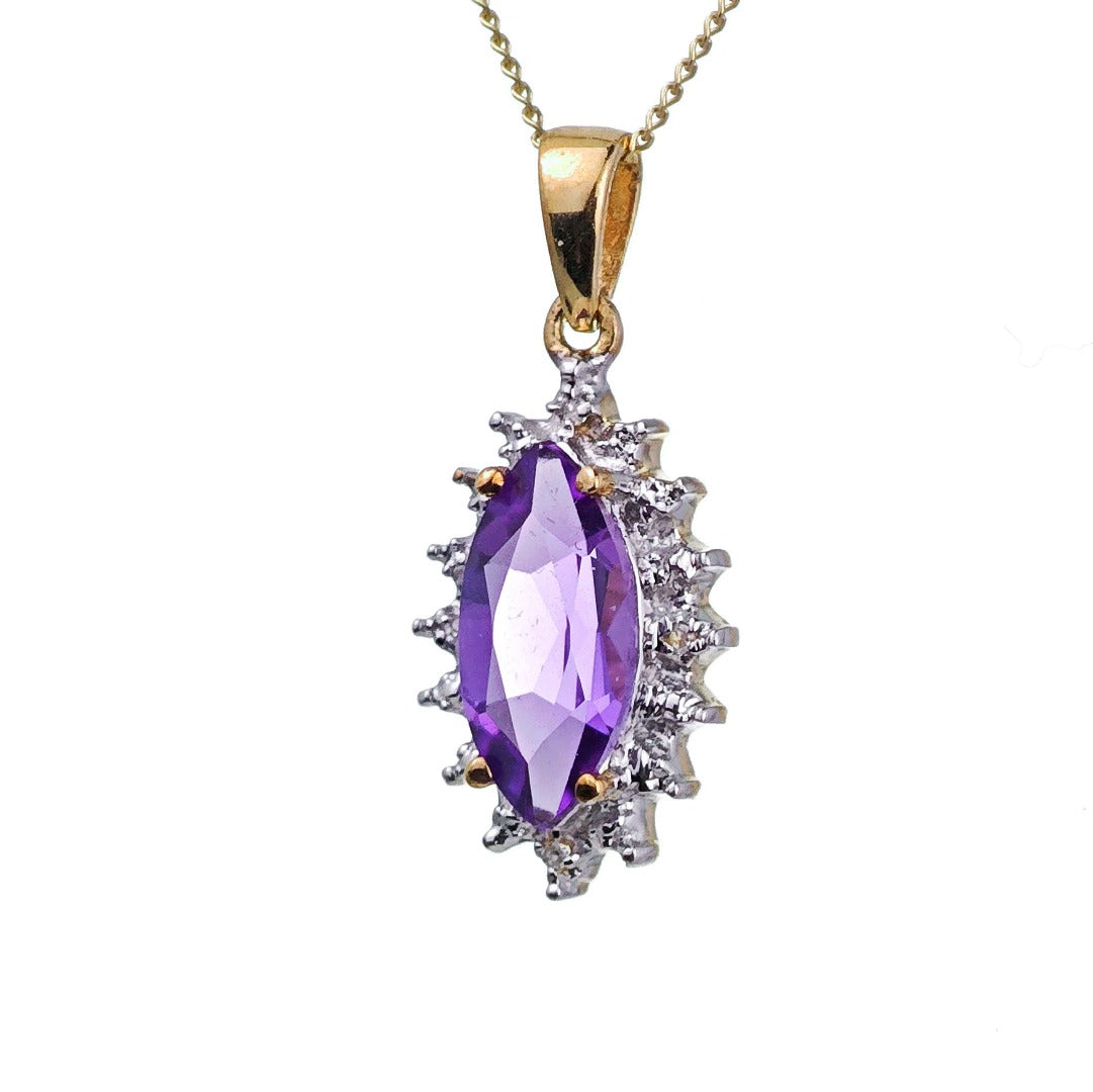 9ct Amethyst Necklace Yellow Gold 1.4ct Purple Marquise Natural Gemstone