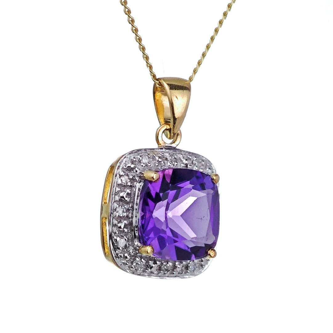 9ct Amethyst Necklace Yellow Gold 2.05ct Purple Cushion Natural Gemstone