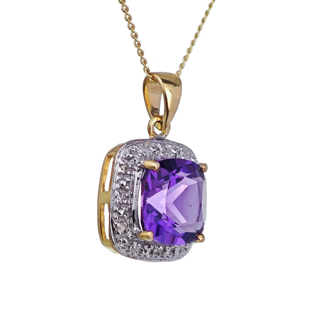 9ct Amethyst Necklace Yellow Gold 2.05ct Purple Cushion Natural Gemstone