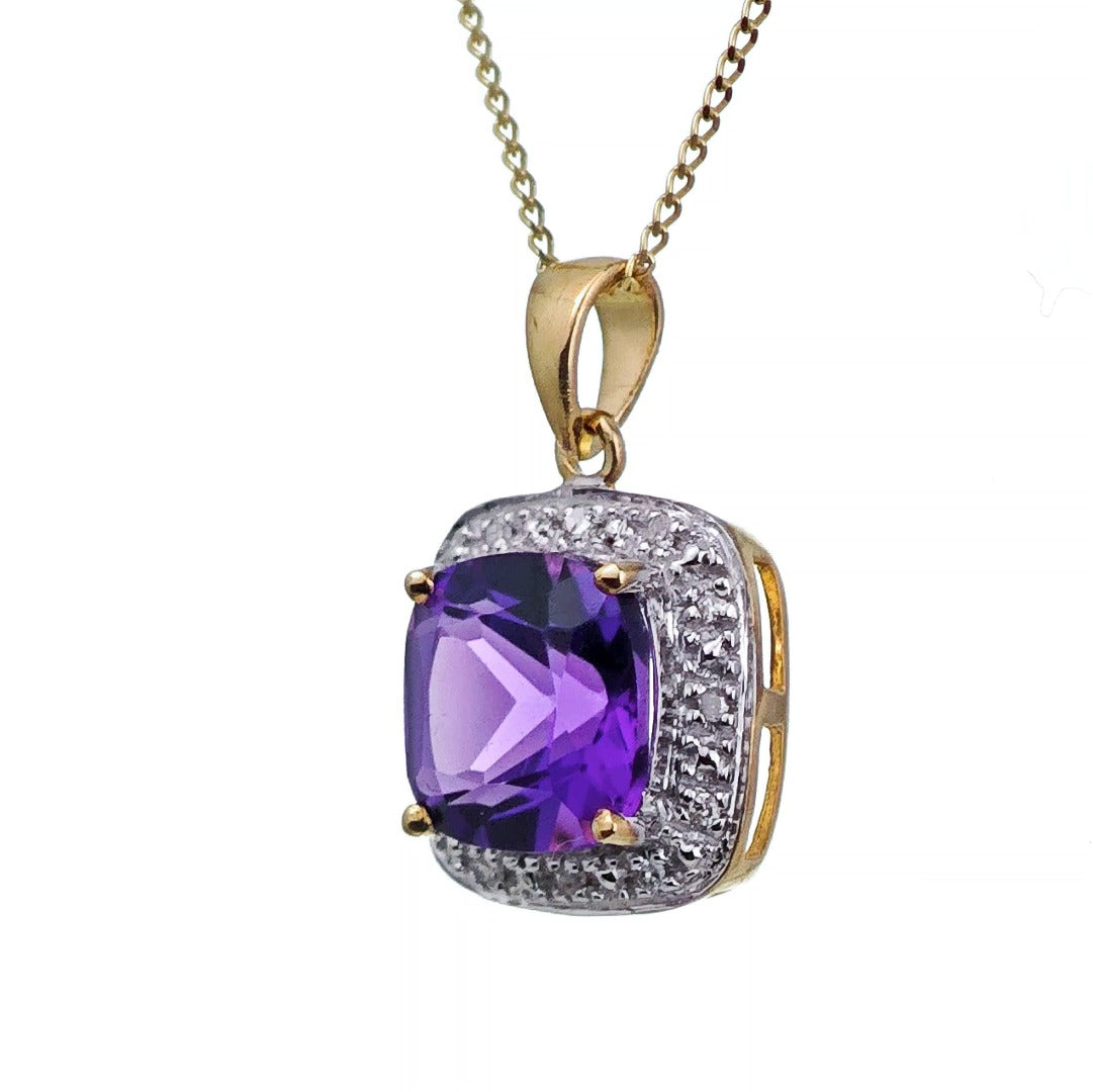 9ct Amethyst Necklace Yellow Gold 2.05ct Purple Cushion Natural Gemstone