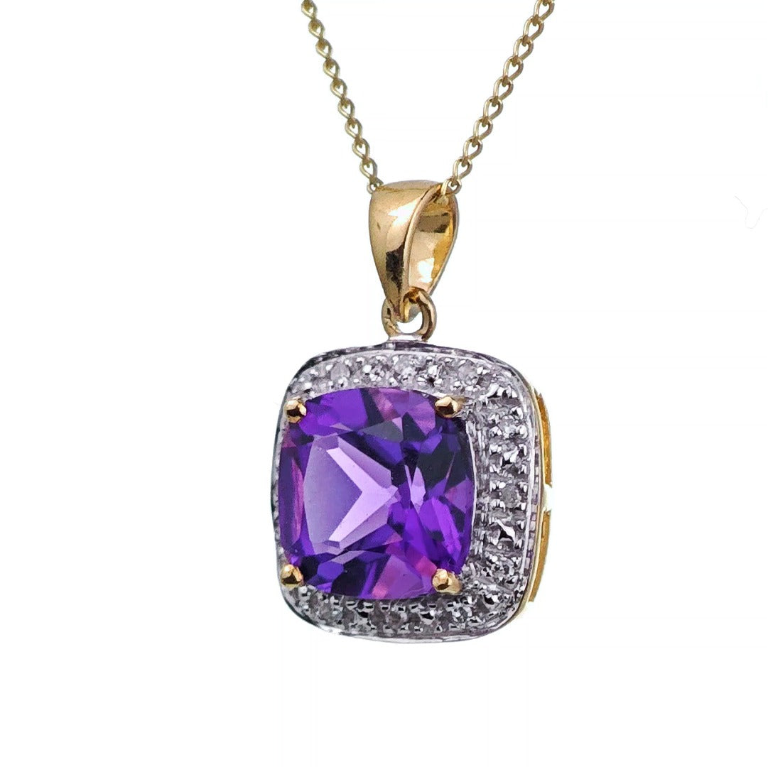 9ct Amethyst Necklace Yellow Gold 2.05ct Purple Cushion Natural Gemstone