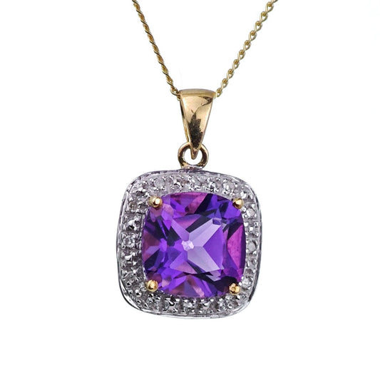 9ct Amethyst Necklace Yellow Gold 2.05ct Purple Cushion Natural Gemstone