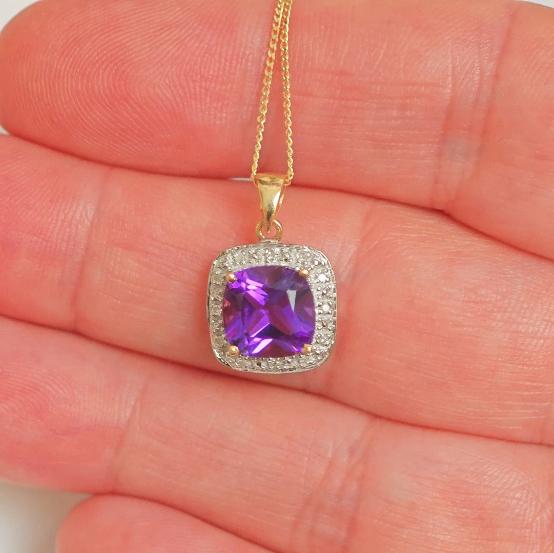 9ct Amethyst Necklace Yellow Gold 2.05ct Purple Cushion Natural Gemstone