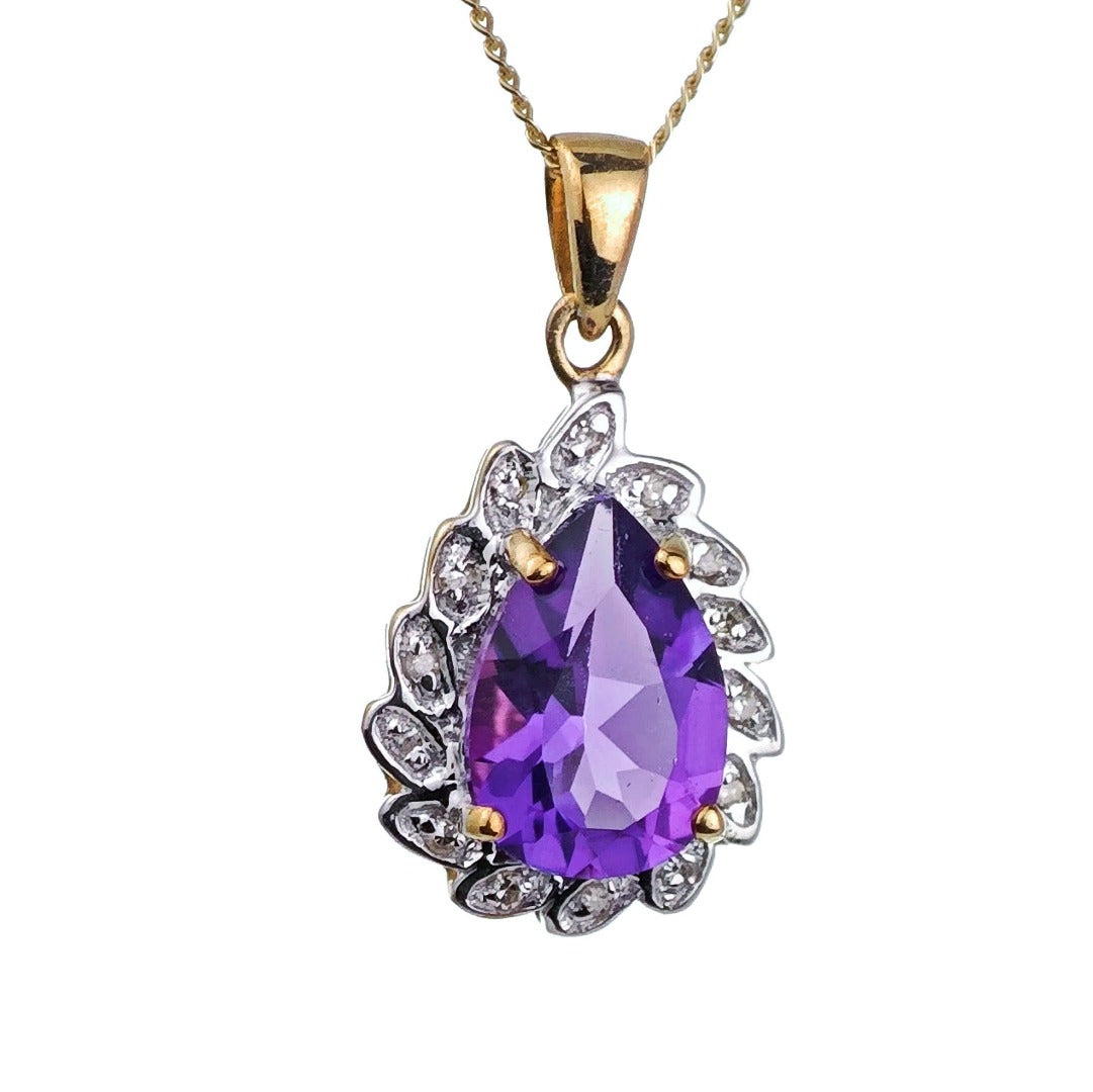 9ct Amethyst Necklace Diamonds Gold 1.6ct Purple Natural Gemstone Hallmarked