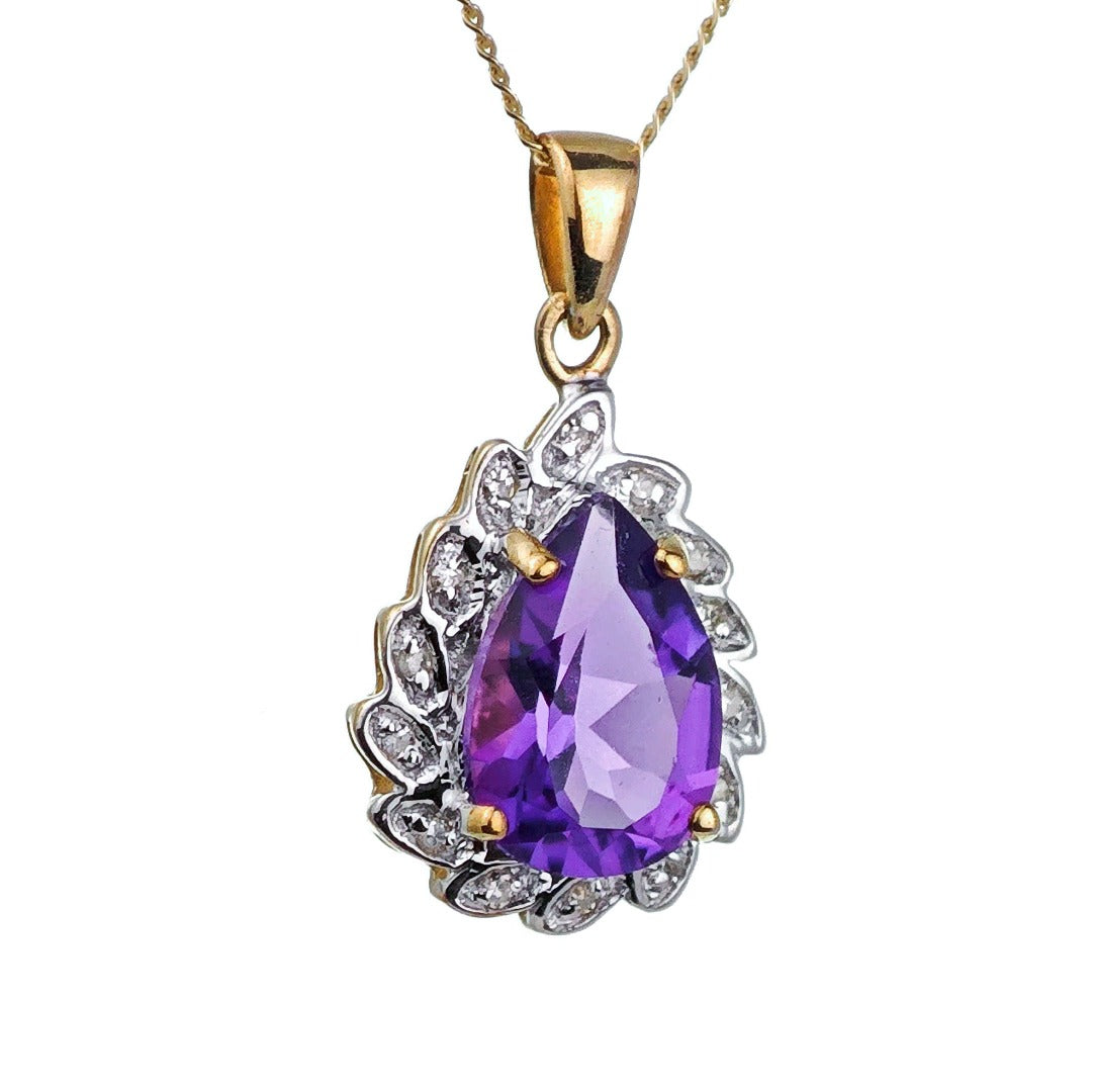 9ct Amethyst Necklace Diamonds Gold 1.6ct Purple Natural Gemstone Hallmarked