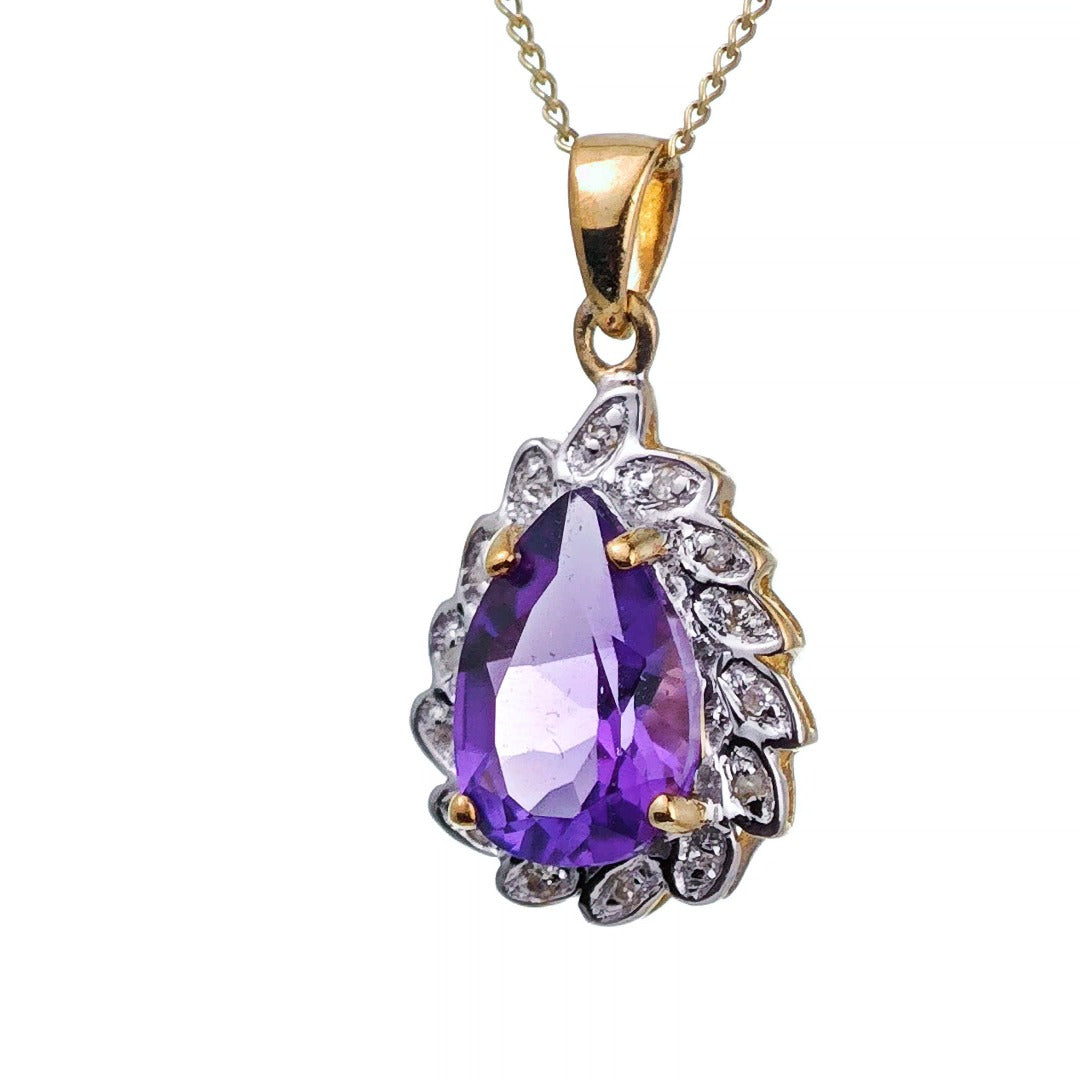 9ct Amethyst Necklace Diamonds Gold 1.6ct Purple Natural Gemstone Hallmarked