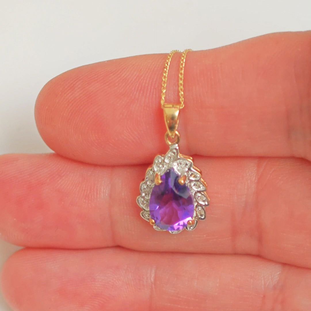 9ct Amethyst Necklace Diamonds Gold 1.6ct Purple Natural Gemstone Hallmarked