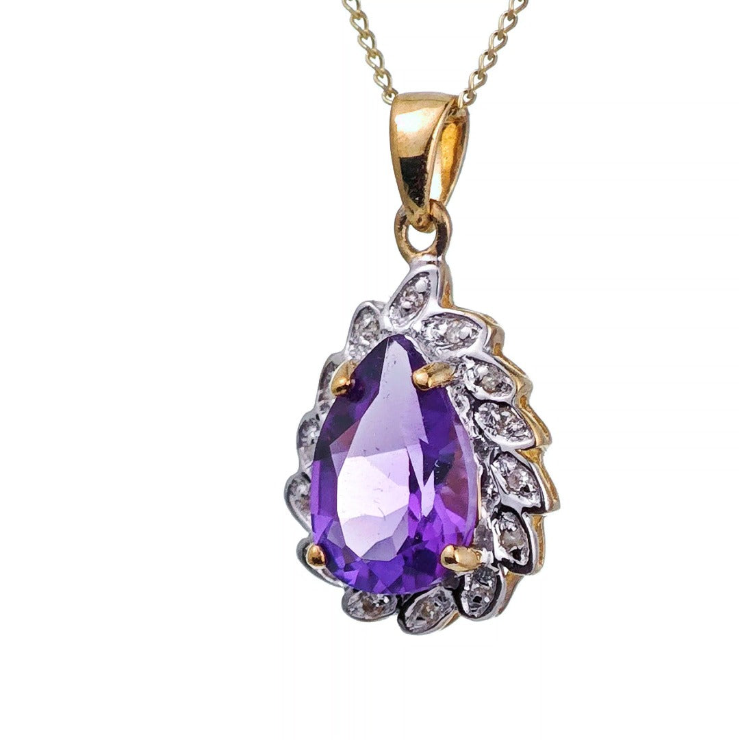 9ct Amethyst Necklace Diamonds Gold 1.6ct Purple Natural Gemstone Hallmarked