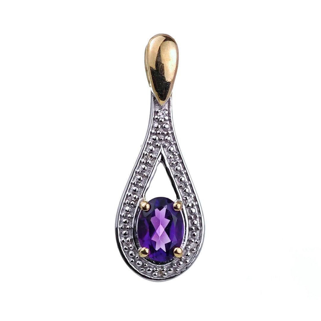 9ct Amethyst Necklace Diamond  Yellow Gold 0.77ct Purple Oval Natural Gemstone