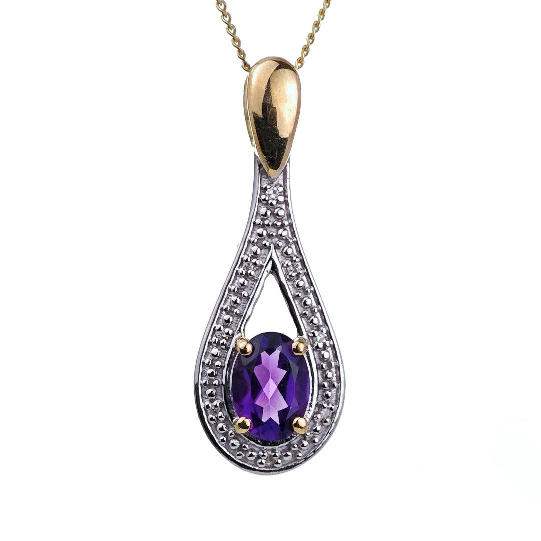 9ct Amethyst Necklace Diamond  Yellow Gold 0.77ct Purple Oval Natural Gemstone