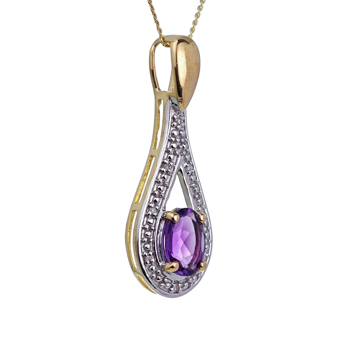 9ct Amethyst Necklace Diamond  Yellow Gold 0.77ct Purple Oval Natural Gemstone