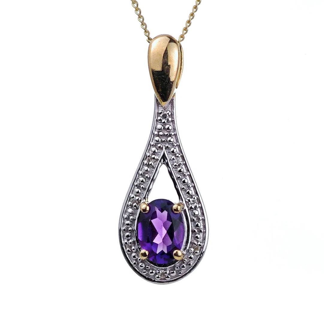 9ct Amethyst Necklace Diamond  Yellow Gold 0.77ct Purple Oval Natural Gemstone