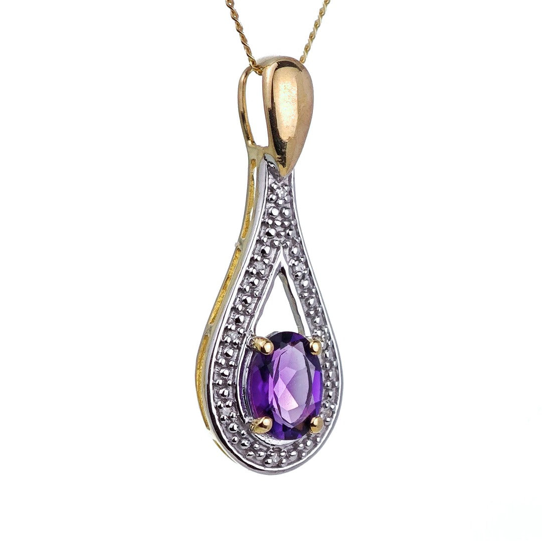 9ct Amethyst Necklace Diamond  Yellow Gold 0.77ct Purple Oval Natural Gemstone