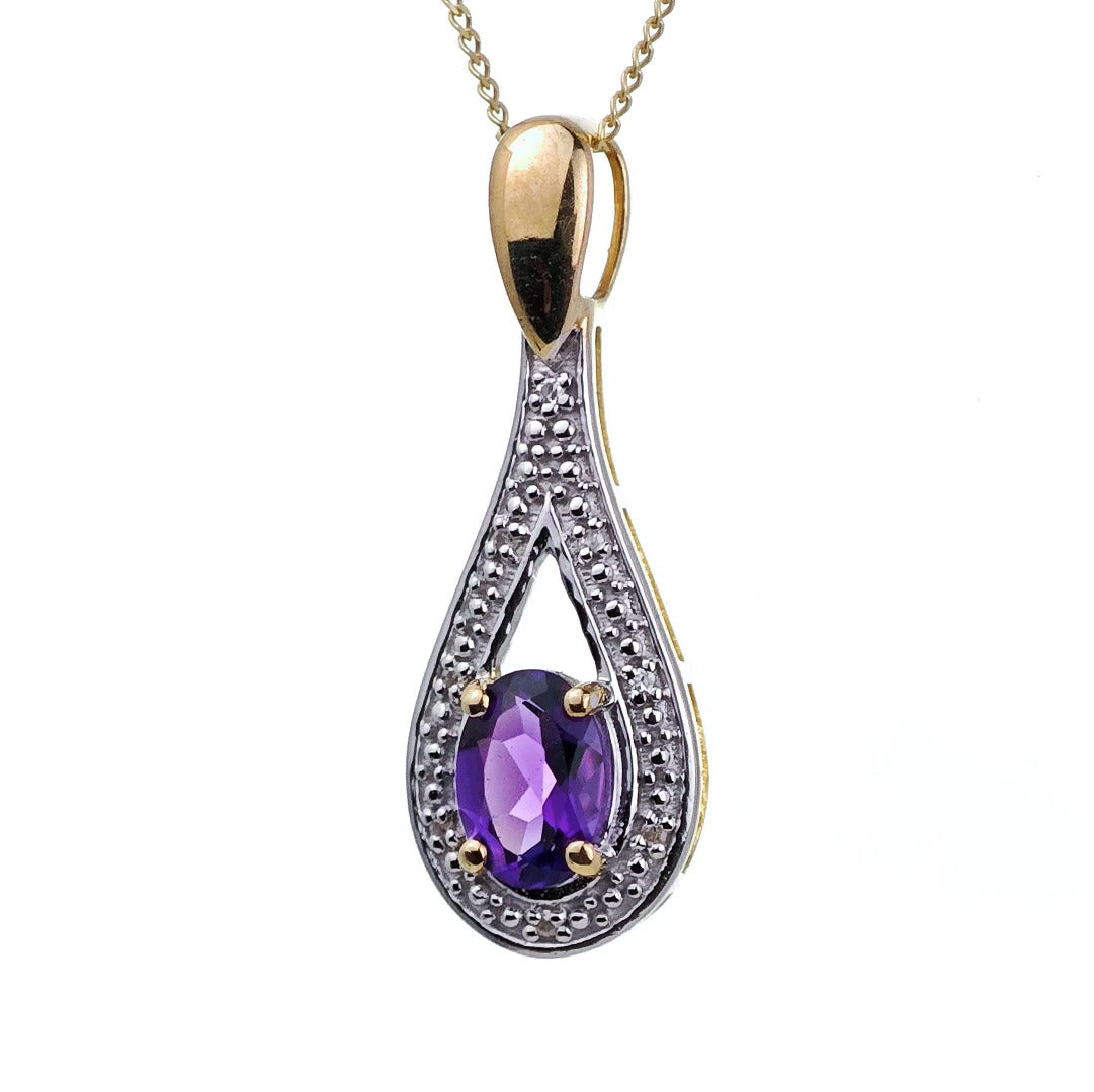 9ct Amethyst Necklace Diamond  Yellow Gold 0.77ct Purple Oval Natural Gemstone