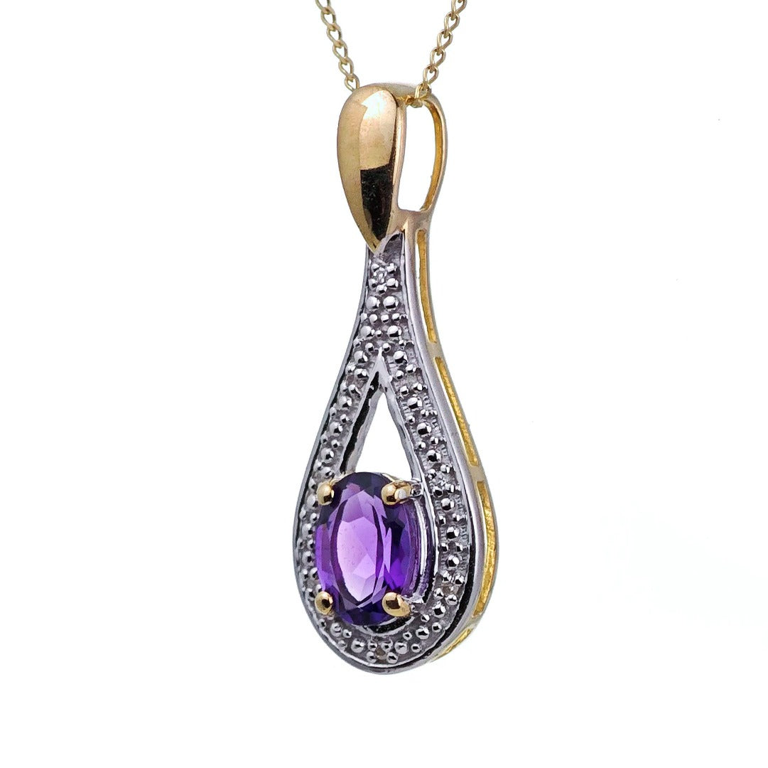 9ct Amethyst Necklace Diamond  Yellow Gold 0.77ct Purple Oval Natural Gemstone