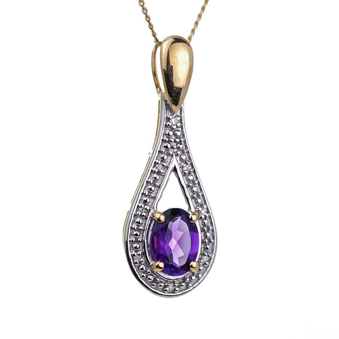 9ct Amethyst Necklace Diamond  Yellow Gold 0.77ct Purple Oval Natural Gemstone