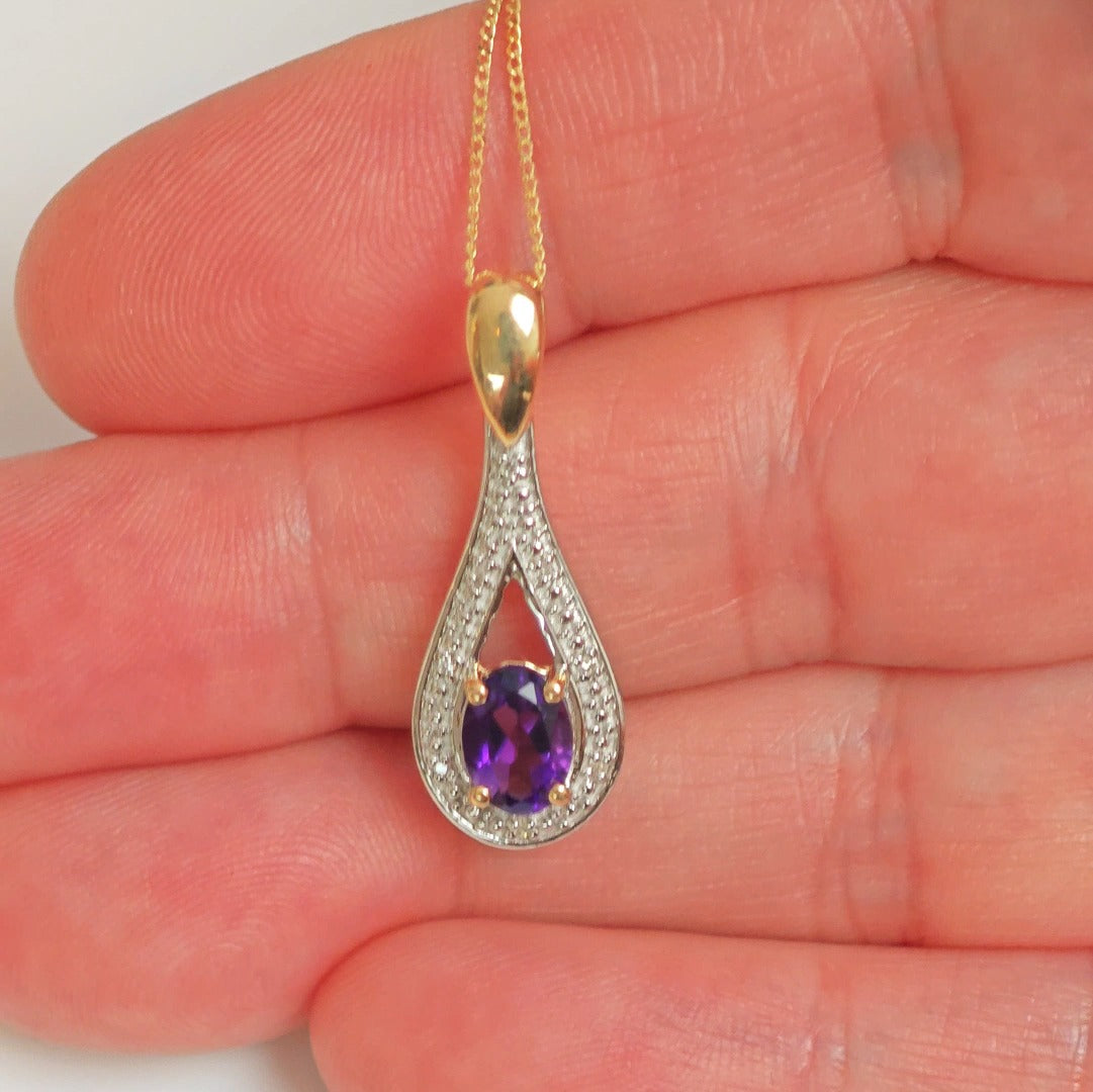 9ct Amethyst Necklace Diamond  Yellow Gold 0.77ct Purple Oval Natural Gemstone