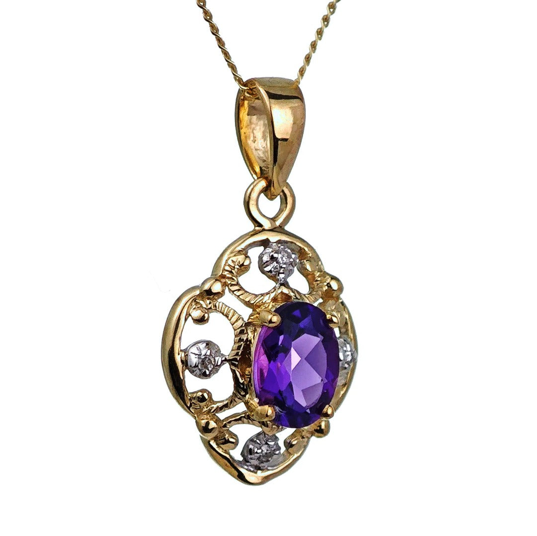 9ct Amethyst Necklace Diamond Yellow Gold 0.67ct Purple Oval Natural Gemstone