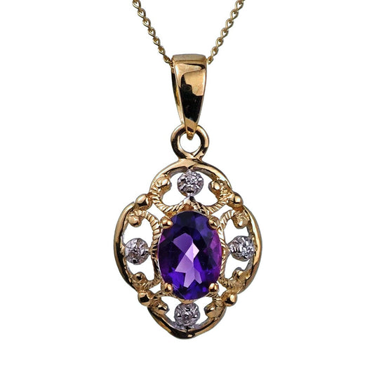 9ct Amethyst Necklace Diamond Yellow Gold 0.67ct Purple Oval Natural Gemstone