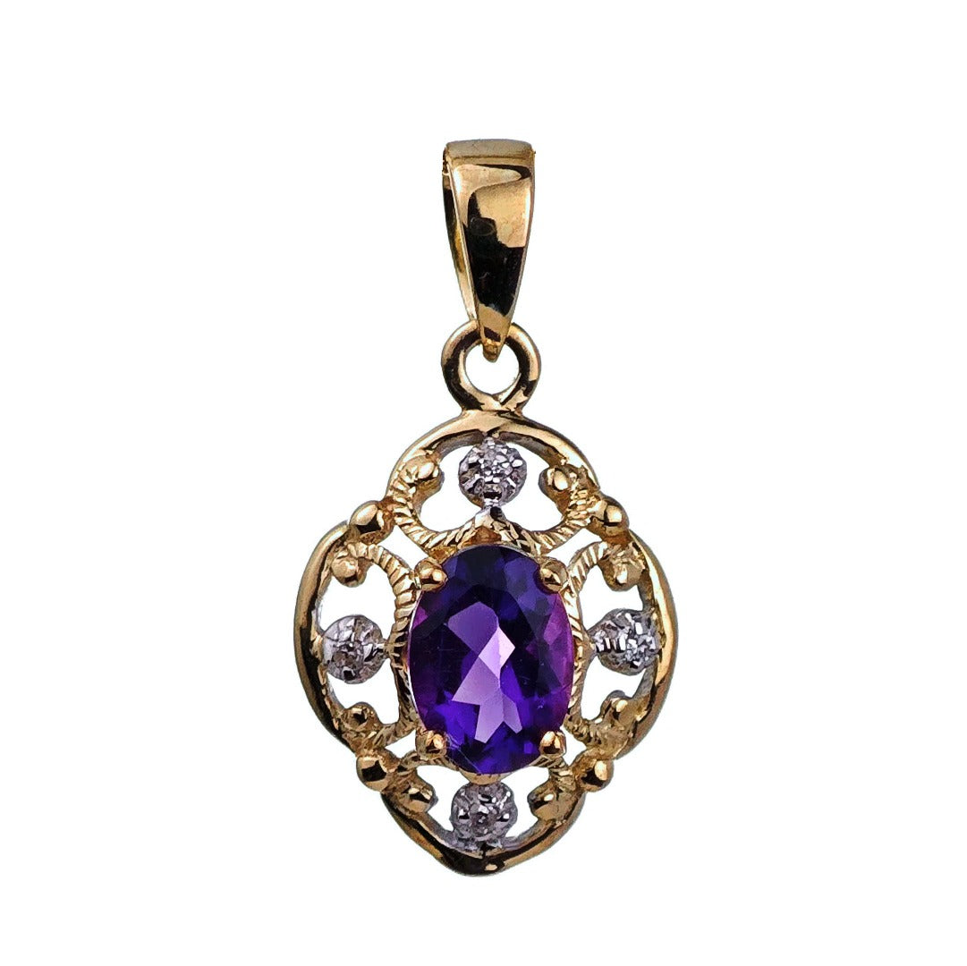 9ct Amethyst Necklace Diamond Yellow Gold 0.67ct Purple Oval Natural Gemstone