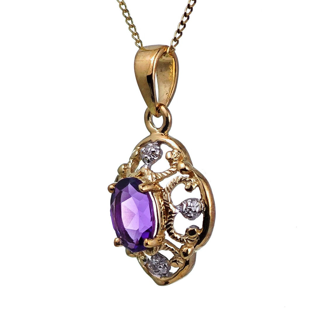 9ct Amethyst Necklace Diamond Yellow Gold 0.67ct Purple Oval Natural Gemstone