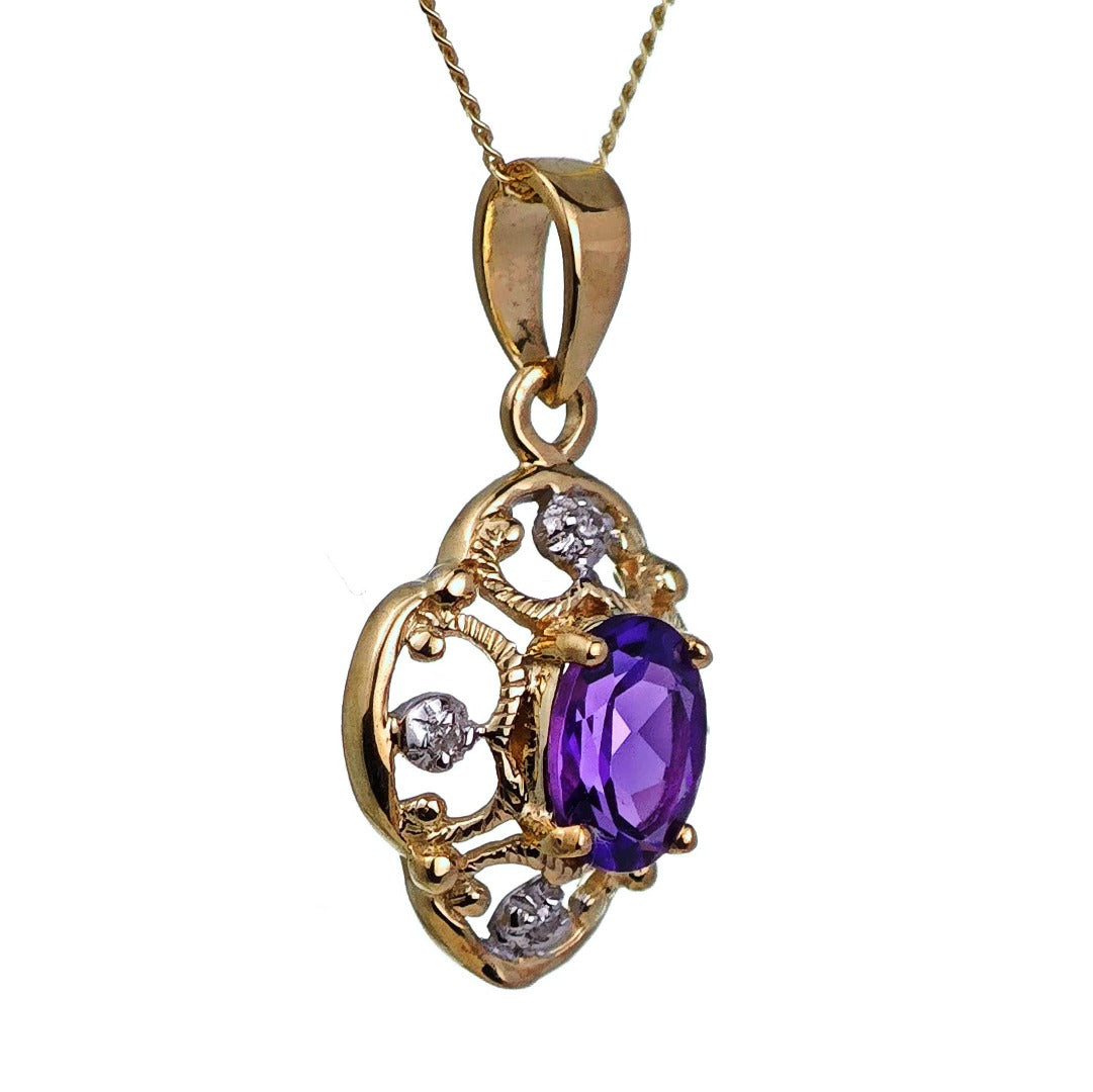 9ct Amethyst Necklace Diamond Yellow Gold 0.67ct Purple Oval Natural Gemstone