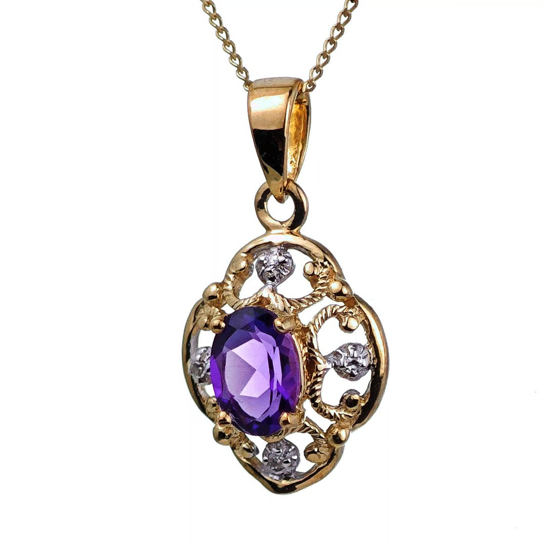 9ct Amethyst Necklace Diamond Yellow Gold 0.67ct Purple Oval Natural Gemstone