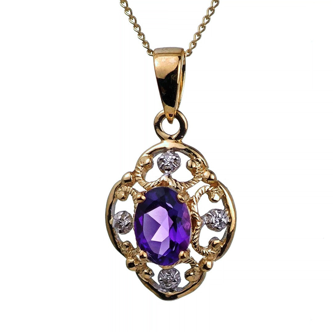 9ct Amethyst Necklace Diamond Yellow Gold 0.67ct Purple Oval Natural Gemstone