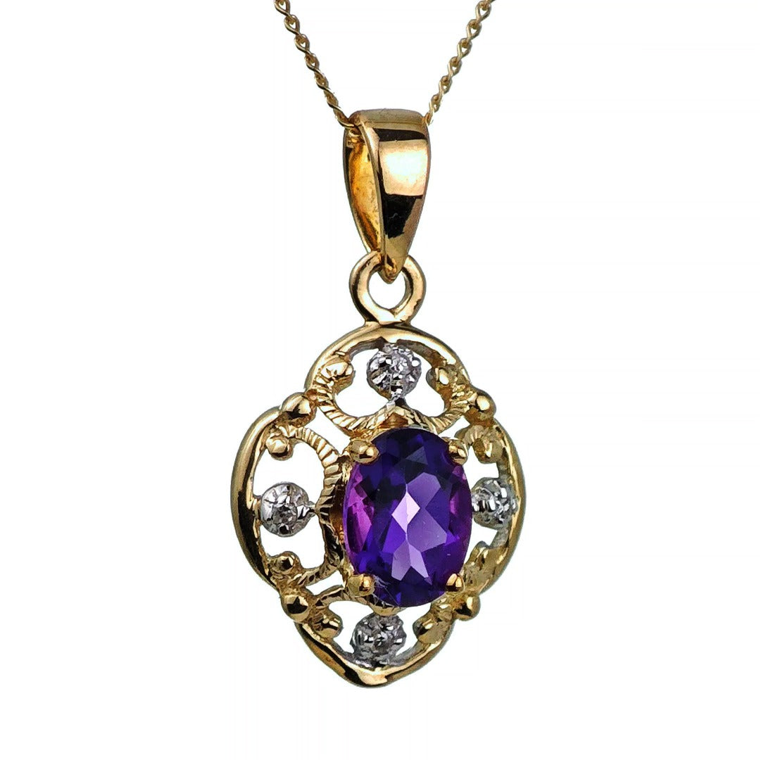 9ct Amethyst Necklace Diamond Yellow Gold 0.67ct Purple Oval Natural Gemstone