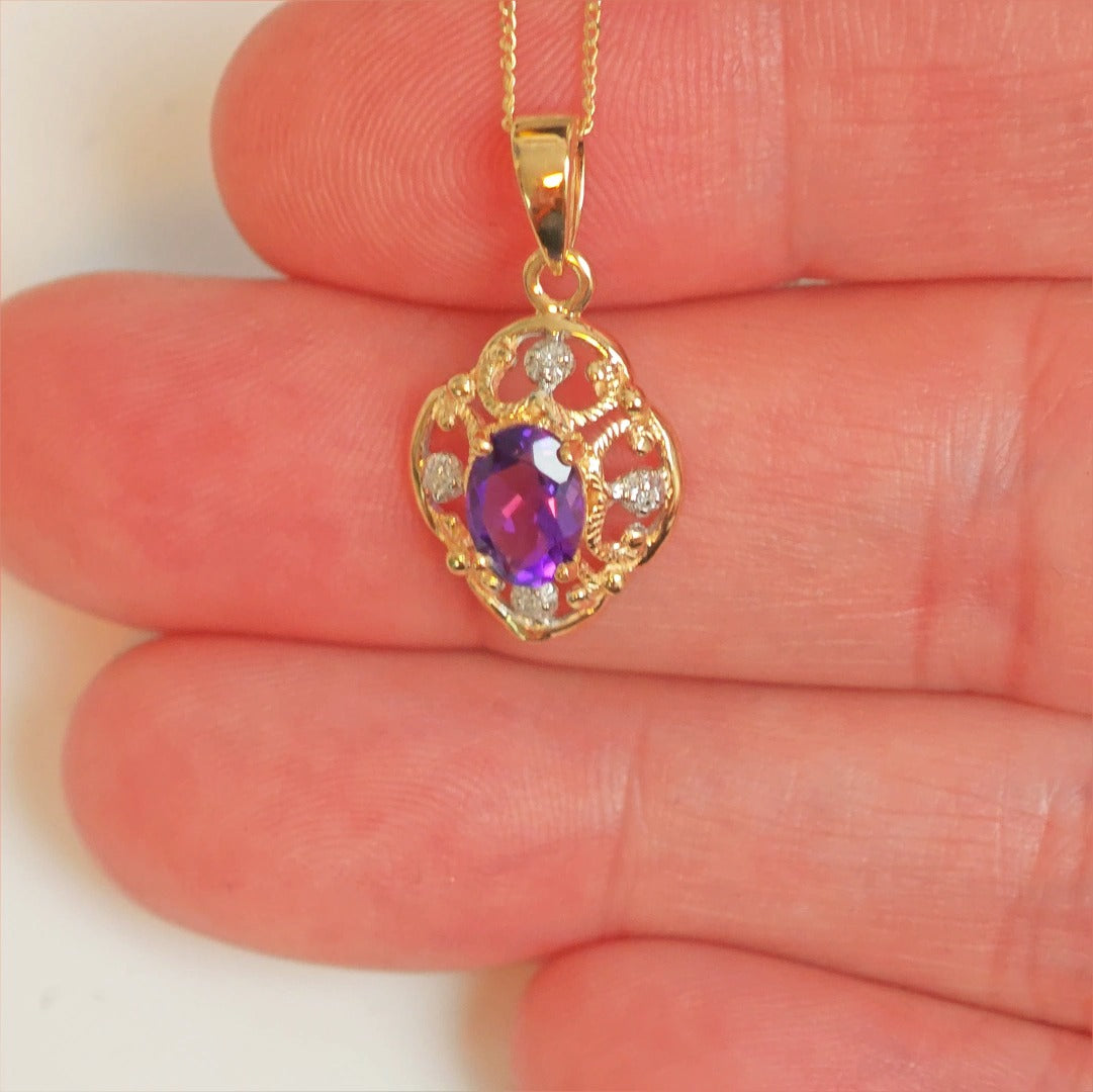 9ct Amethyst Necklace Diamond Yellow Gold 0.67ct Purple Oval Natural Gemstone