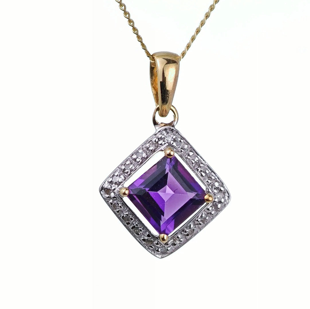 9ct Amethyst Necklace Diamonds Yellow Gold 1ct Purple Square Natural Gemstone