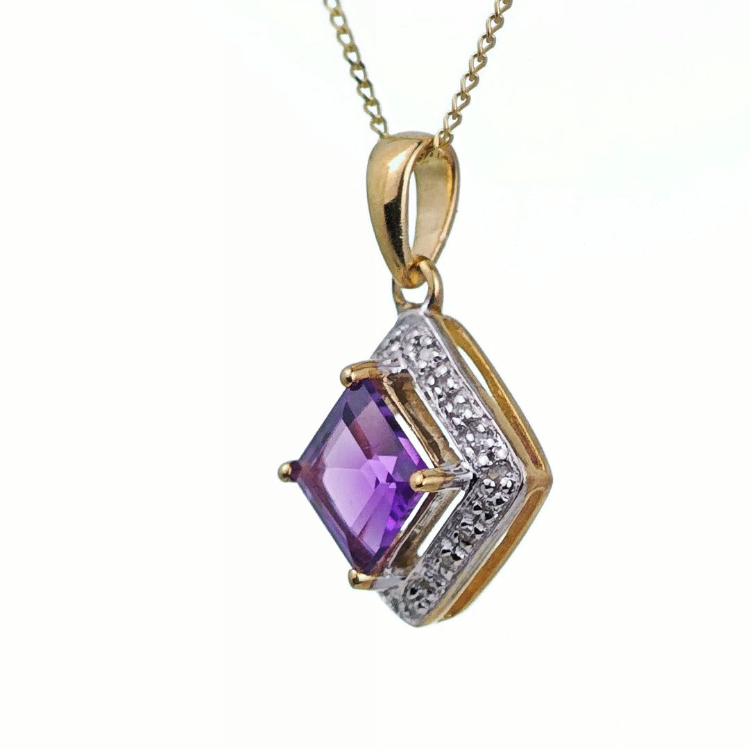 9ct Amethyst Necklace Diamonds Yellow Gold 1ct Purple Square Natural Gemstone