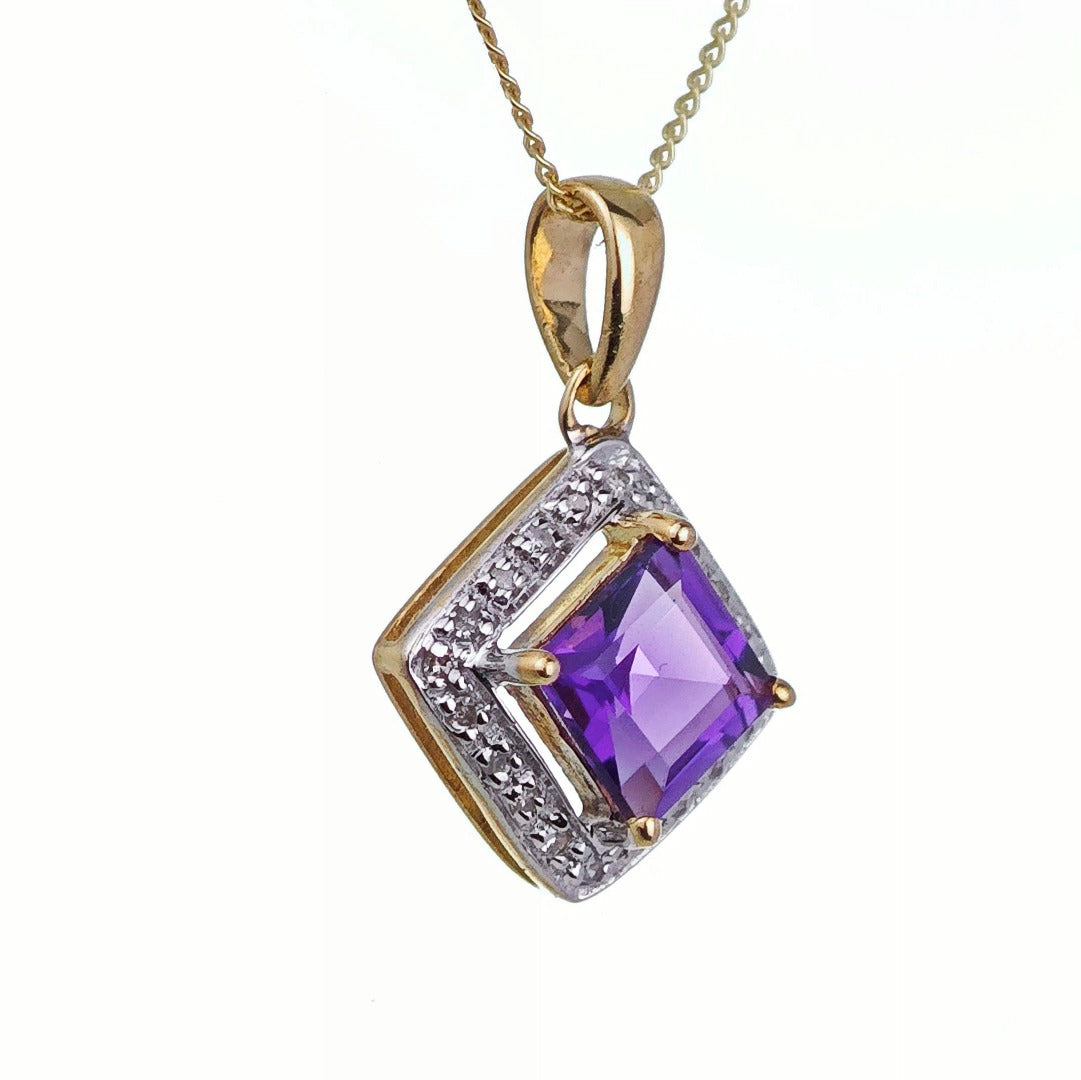 9ct Amethyst Necklace Diamonds Yellow Gold 1ct Purple Square Natural Gemstone