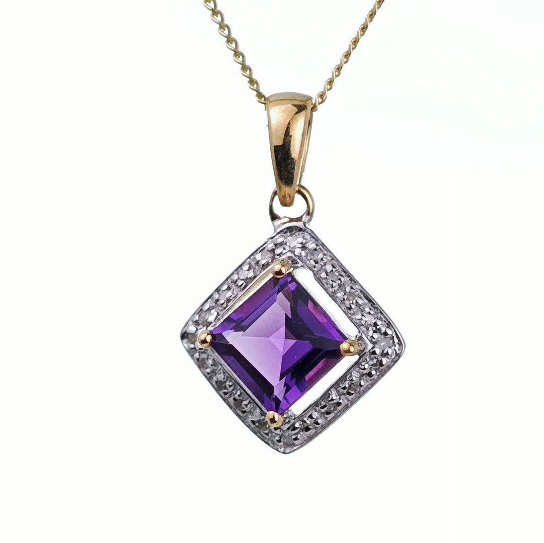 9ct Amethyst Necklace Diamonds Yellow Gold 1ct Purple Square Natural Gemstone