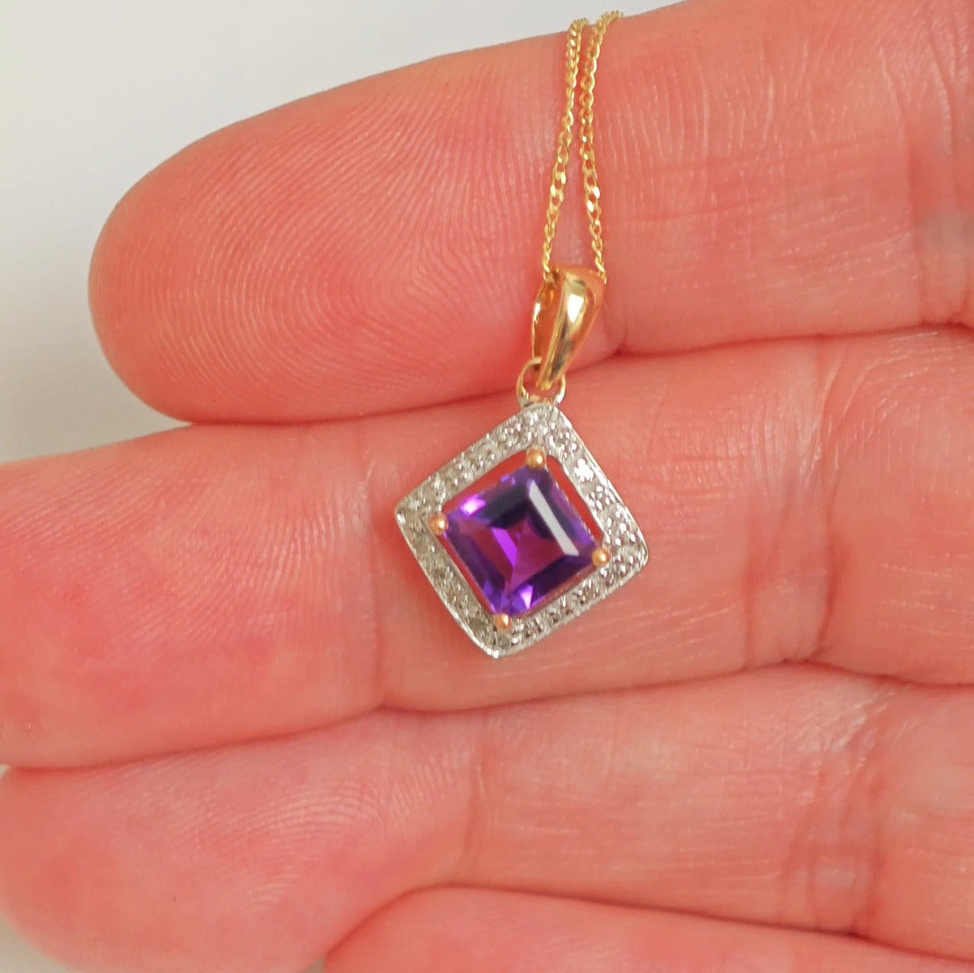 9ct Amethyst Necklace Diamonds Yellow Gold 1ct Purple Square Natural Gemstone