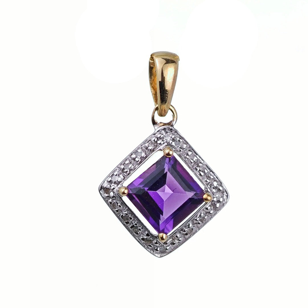 9ct Amethyst Necklace Diamonds Yellow Gold 1ct Purple Square Natural Gemstone