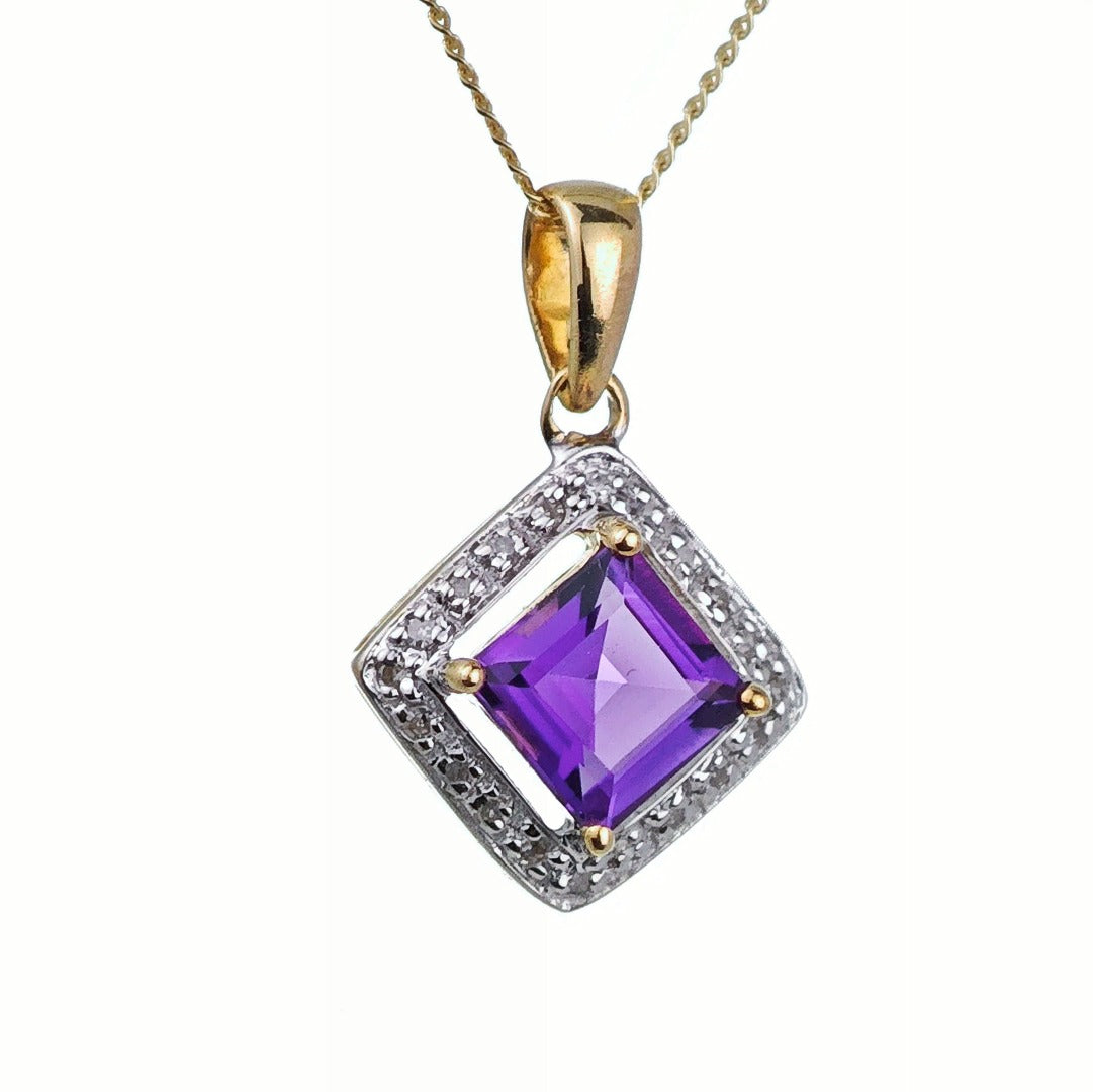 9ct Amethyst Necklace Diamonds Yellow Gold 1ct Purple Square Natural Gemstone