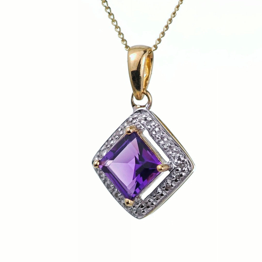 9ct Amethyst Necklace Diamonds Yellow Gold 1ct Purple Square Natural Gemstone