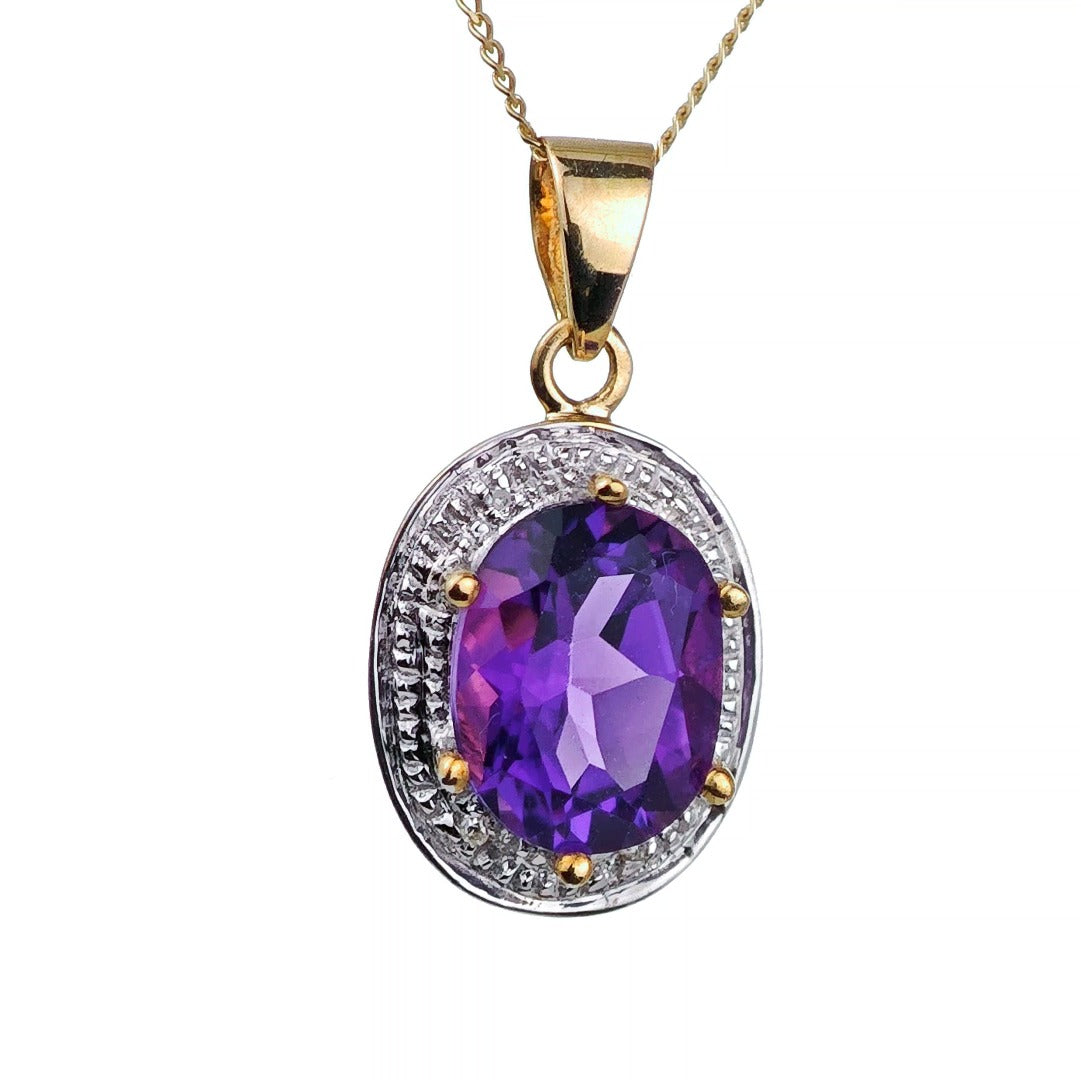 9ct Amethyst Necklace Diamond Yellow Gold 2.15ct Purple Oval Natural Gemstone