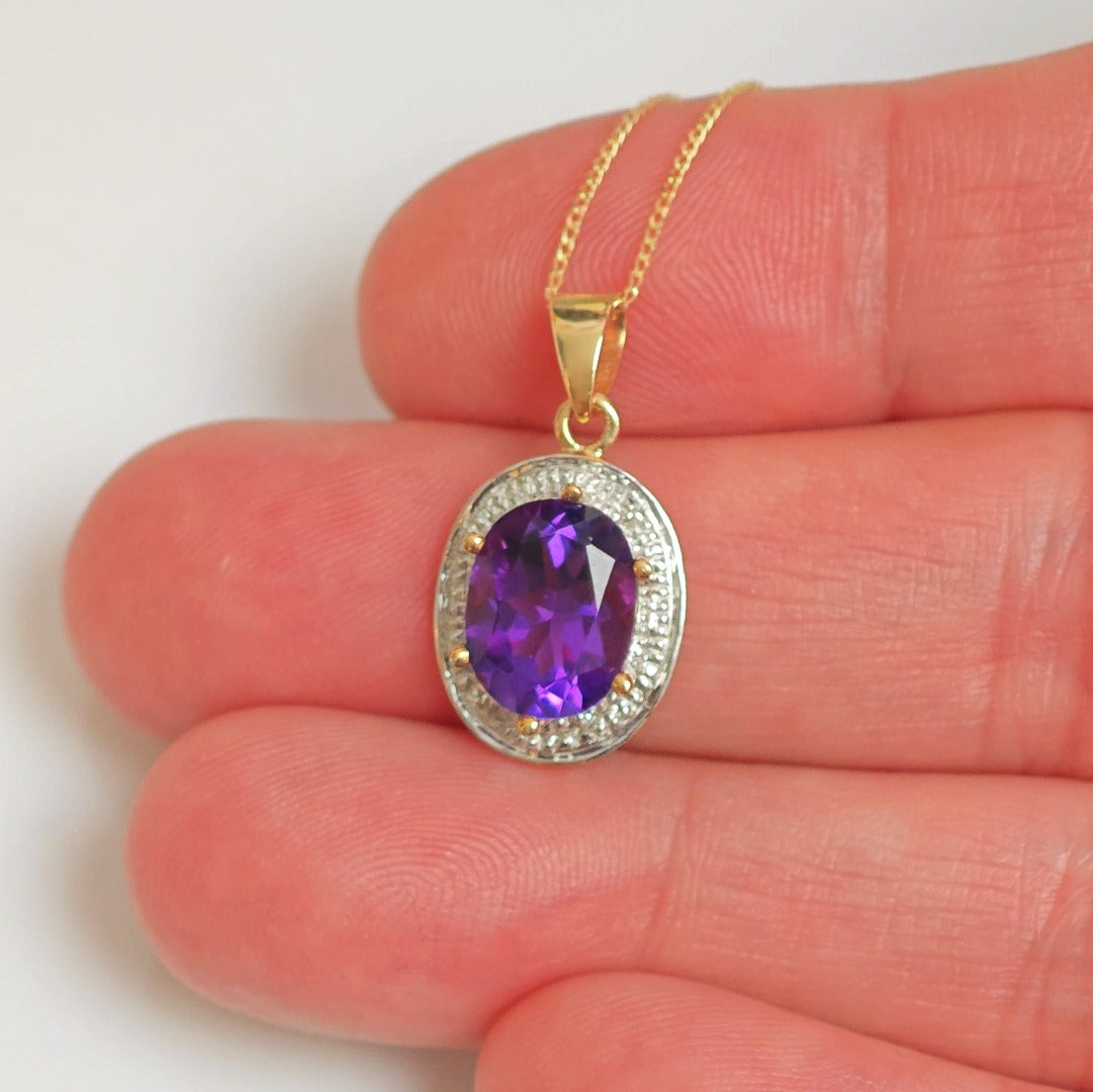 9ct Amethyst Necklace Diamond Yellow Gold 2.15ct Purple Oval Natural Gemstone