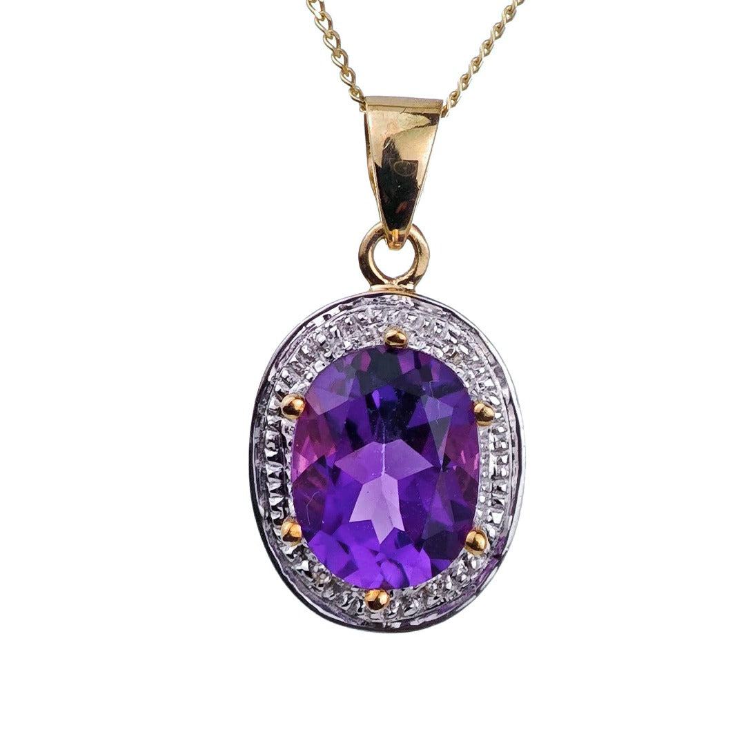 9ct Amethyst Necklace Diamond Yellow Gold 2.15ct Purple Oval Natural Gemstone