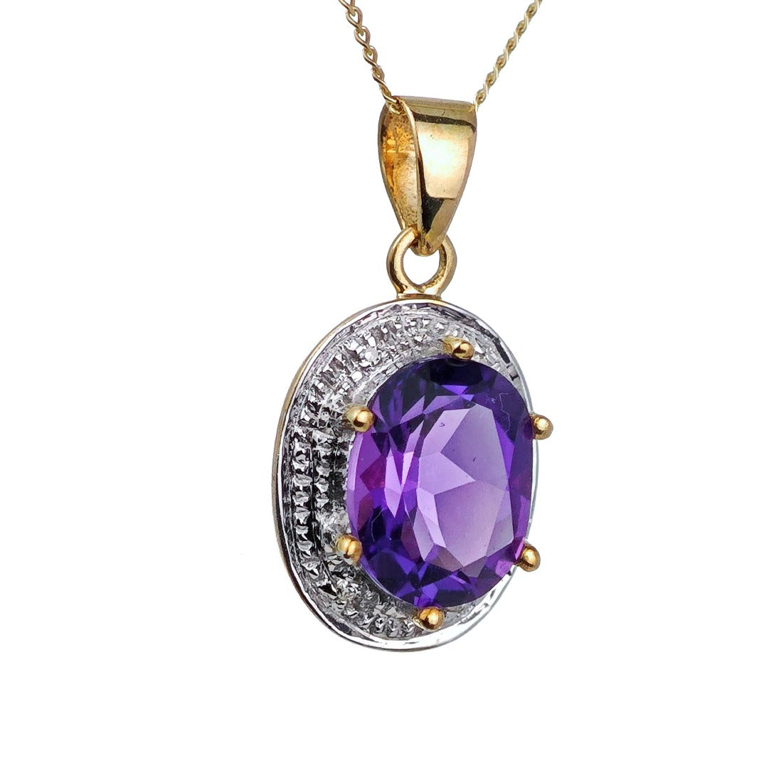 9ct Amethyst Necklace Diamond Yellow Gold 2.15ct Purple Oval Natural Gemstone