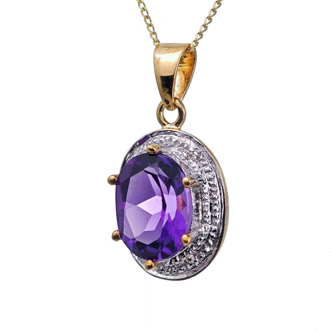 9ct Amethyst Necklace Diamond Yellow Gold 2.15ct Purple Oval Natural Gemstone