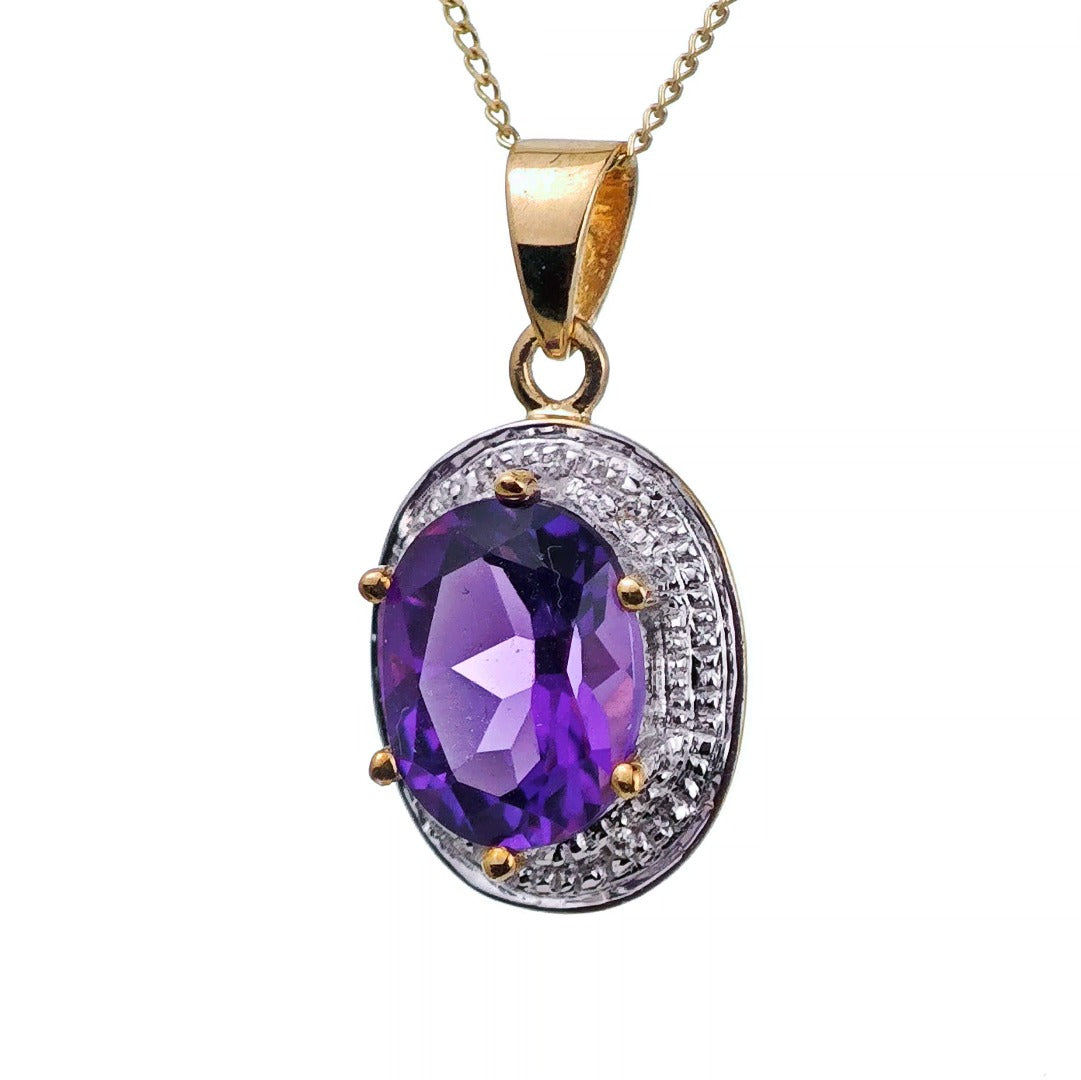 9ct Amethyst Necklace Diamond Yellow Gold 2.15ct Purple Oval Natural Gemstone