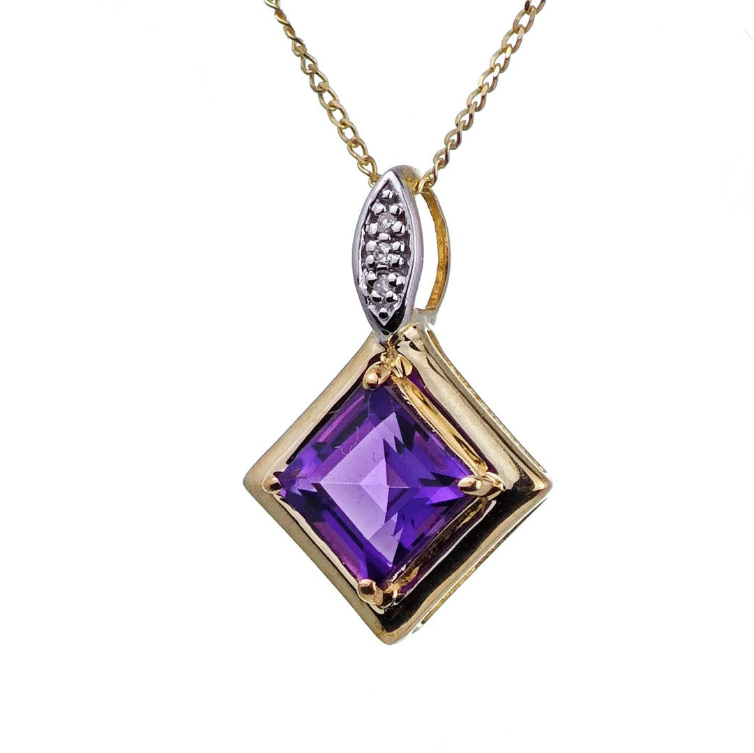 9ct Amethyst Necklace Yellow Gold 1.05ct Purple Square Natural Gemstone