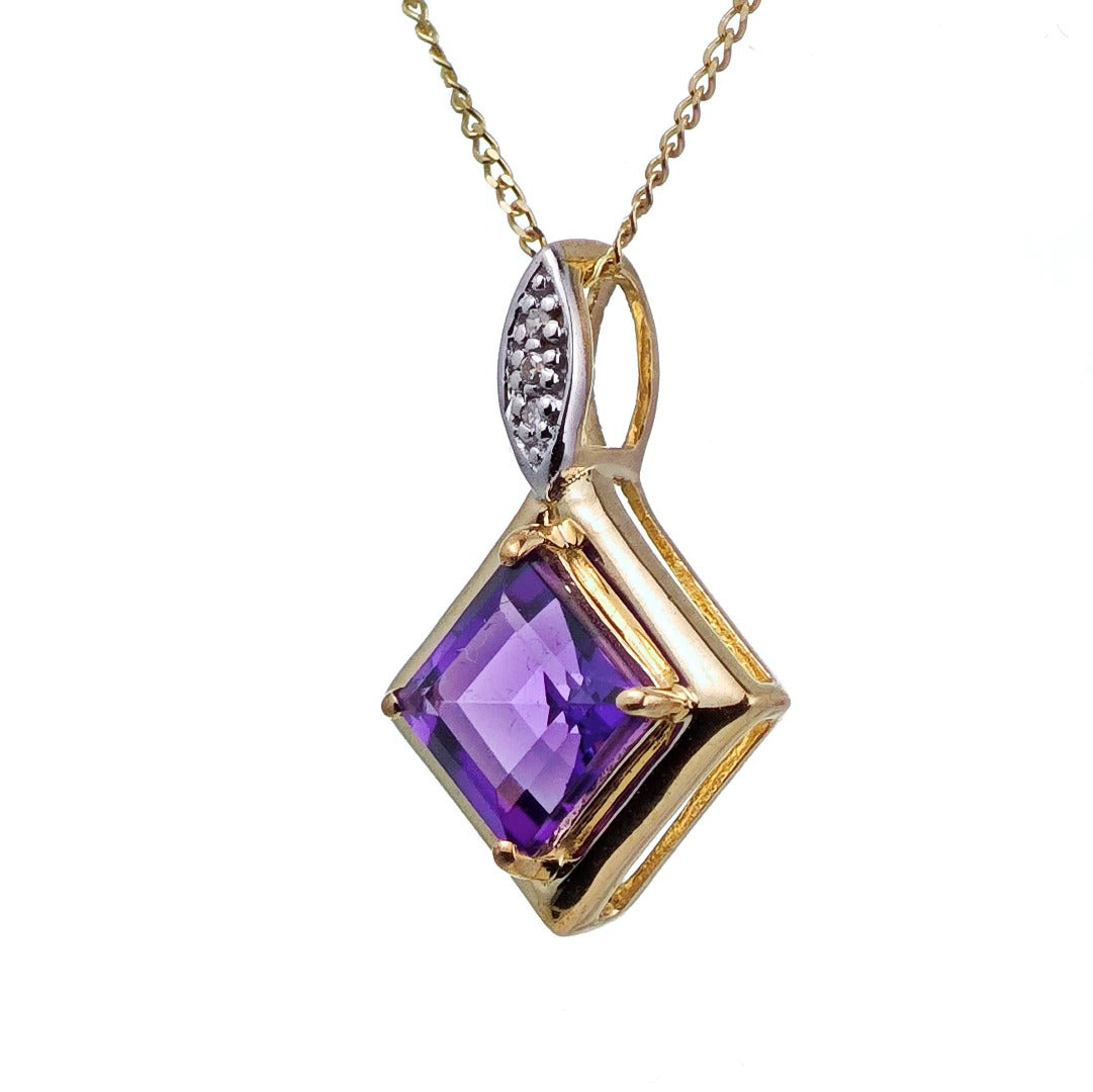 9ct Amethyst Necklace Yellow Gold 1.05ct Purple Square Natural Gemstone