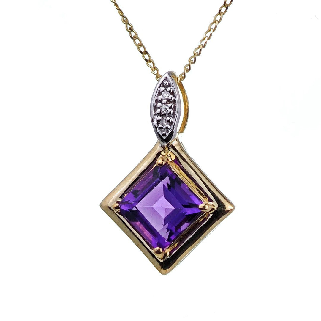 9ct Amethyst Necklace Yellow Gold 1.05ct Purple Square Natural Gemstone