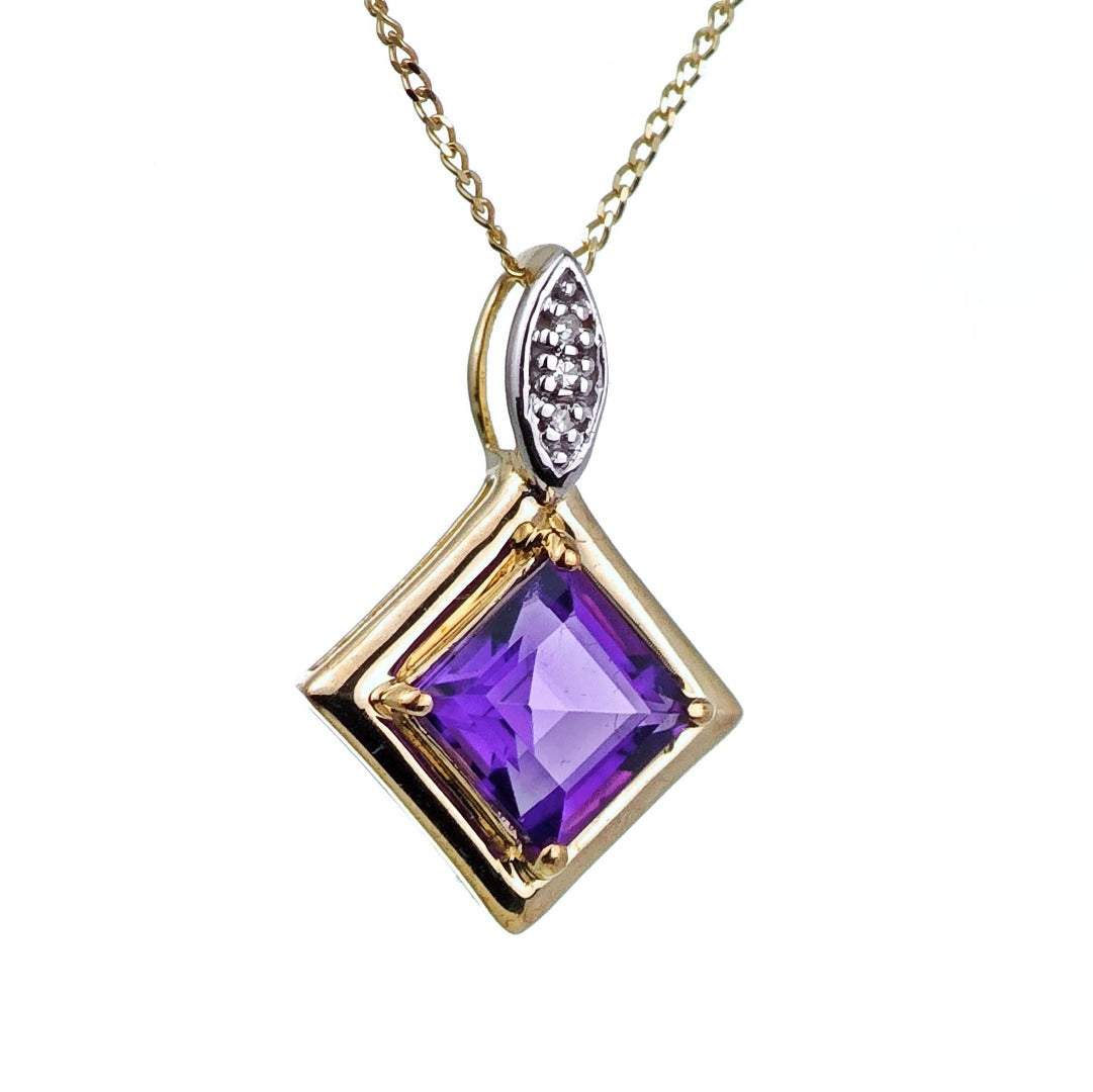 9ct Amethyst Necklace Yellow Gold 1.05ct Purple Square Natural Gemstone